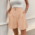 Damen Baumwoll-Leinen-Shorts in Apricot mit hoher Taille und doppelten Knopfdetails - Rosa Aprikose