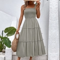 Sage green tiered maxi dress with a shirred bodice and delicate spaghetti straps - Light Gray