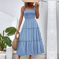 Light blue smocked tiered midi dress with wide straps for summer beach vacation - Sky Blue