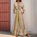 Böhmischer Jumpsuit mit V-Ausschnitt, buntem Print, weitem Bein und hoher Taille - S / Gelb