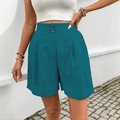 Damen High-Waist Shorts in Blaugrün mit Doppelknopf-Detail und strukturierter Stoffoptik - Petrolblau