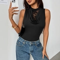 Slim fit black sleeveless bodysuit with cowl neck and floral lace patchwork for women - L / Black