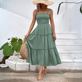 Sage green tiered maxi dress with a smocked bodice and square neck for summer vacations - Olive Green