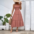 Elegant dusty rose square neck midi summer dress with smocked bodice and tiered skirt - Redwood