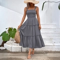 Dark grey smocked square neck tiered dress for summer vacation and leisure casual wear - Light Grey Purple