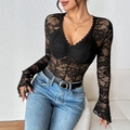 Sexy black floral lace bodysuit with V-neckline and long sleeves for women - S / Black