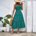 Teal sleeveless smocked midi dress with tiered skirt for elegant summer vacations - Teal Blue