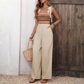 Bohemian high waist sleeveless jumpsuit with ethnic embroidery and wide leg design - S / Apricot