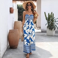 Damen Jumpsuit mit blau-weißem Blumendruck und trägerlosem Bandeau im Urlaubsstil - S / Blau