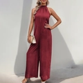 Elegant burgundy satin halter jumpsuit with backless design and wide-leg trousers silhouette - S / Burgundy