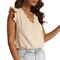 Elegante ärmellose Bluse in Creme mit Punkten, Flatterärmeln und Wellen-V-Ausschnitt - S / Aprikose