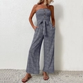 Dames jumpsuit met blauw-witte bloemenprint, strapless halslijn en wijde pijpen met strik - S / Marineblauw