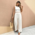 Weißes Sommer-Zweiteiler-Set mit weit geschnittener Spitzenhose und ärmellosem Crop-Top - S / Weiß