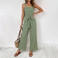 Damen Jumpsuit in Grasgrün mit weitem Bein, strukturierter Optik und Taillengürtel - S / Grün
