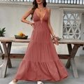 Vestido largo sexy con escote en V profundo, espalda descubierta y diseño de volantes - S / Caoba