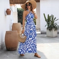 Retro blue and white floral halter maxi dress with an open back for summer vacations - S / Blue