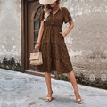 Boho Midi-Leopardenkleid mit V-Ausschnitt, kurzen Ärmeln und gestuftem Rockteil - S / Kaffeebraun