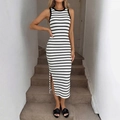 Abito midi in maglia a righe bianche e nere senza maniche con spacco laterale - S / Strisce Bianche e Nere
