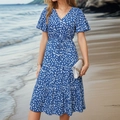 Short sleeve V-neck midi dress in blue polka dot print with elastic waist for summer - Blue