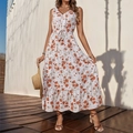 Detail of bohemian V-neck floral maxi dress with layered ruffle skirt and drawstring waist - S / White Orange Red Rose