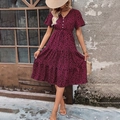 Women's V-neck wine red polka dot tiered dress with short sleeves and drawstring waist - Red