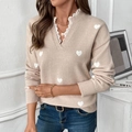 Women's apricot V-neck knit sweater with white heart patterns and delicate lace trim detail - S / Tops / Light Khaki