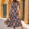 Détail d'une robe maxi fleurie sans manches avec col en V et jupe à plusieurs niveaux - Noir Rose Rose
