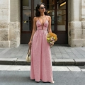 Summer halter neck maxi dress with red and white stripes and sexy deep V-neckline - S / Burgundy