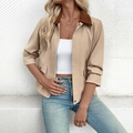 Veste courte vintage pour femme kaki avec col en velours côtelé marron et zip - S / Kaki