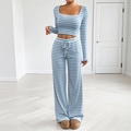 Women's two-piece casual blue and white striped lounge set with square neck top and wide pants - M / Blue Stripe