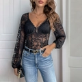 Elegant black lace long sleeve bodysuit featuring a deep V-neck and corset structure - S / Black