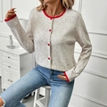 White knit cardigan with red heart buttons and contrasting trim for a chic look - S / Beige Grey