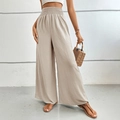Damen-Hose mit hohem Bund und weitem Bein in Beige mit elastischem Plisseegürtel - S / Aprikose