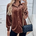 Chic brown velvet button-down shirt with long lantern sleeves and a classic lapel collar - S / Coffee