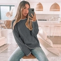 Grey crew neck sweater with white contrast stitching and casual drop shoulder fit - S / Dark Gray