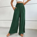 Deep green wide leg trousers for women with a comfortable smocked elastic high waist - Dark Green