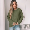 Women's army green crewneck sweater with contrast stitching and side split hem detail - S / Green
