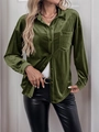 Olive green velvet long sleeve button down shirt with front pocket and loose fit - S / Green