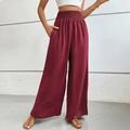 Deep red high waist wide leg pants for women with comfortable smocked elastic waistband - Burgundy