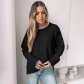 Women's black crewneck knit sweater with white contrast stitching and side slits - Black