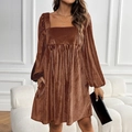 Elegant brown velvet pleated mini dress with square neckline and long puff sleeves - S / Brown