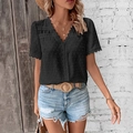 Women's black V-neck Swiss dot short sleeve blouse with delicate lace trimming details - Black