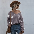 Jersey de punto morado holgado con estampados de estrellas blancas y cuello en V - S / Morado