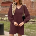 V-neck knit mini dress in deep wine red featuring waffle texture and puff sleeves - S / Brick Red