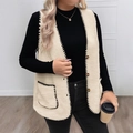 Gilet sans manches en polaire crème avec coutures contrastées noires pour femmes - XL / Abricot Grande Taille
