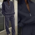 Women's dark navy two-piece set featuring half-zip drop shoulder sweatshirt and joggers - S / Top And Bottom / Navy Blue