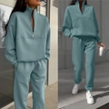 Morandi blue women's two-piece tracksuit set with half-zip sweatshirt and joggers - Malachite green