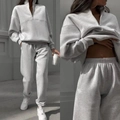 Women's casual grey two-piece tracksuit with half-zip sweatshirt and drawstring joggers - S / Top And Bottom / Grayish White