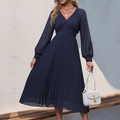 Elegante vestido largo plisado azul marino con cuello en V y sofisticadas mangas largas - S / Azul Marino