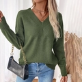 Dark green V-neck knit sweater with drop shoulder and ribbed hem on model - S / Army Green